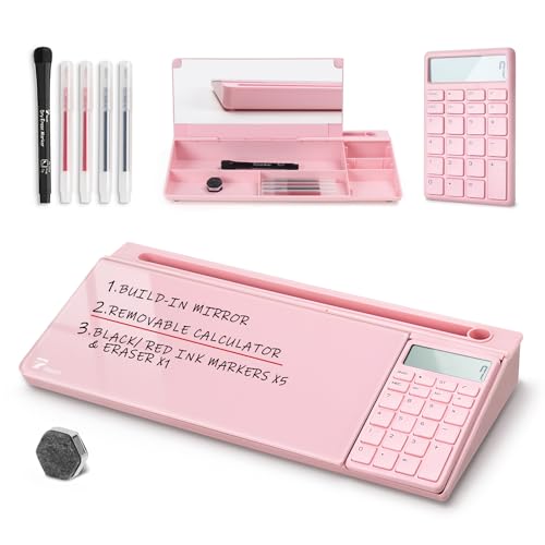 TOWON Desk Dry Erase Board with Detachable Calculator, Small Glass Desktop Whiteboard, Desktop whiteboard - Glass Dry Erase White Board- Desk Computer Buddy for Home Office Supply, Pink, 17 x 6 in - color: Cal Pink