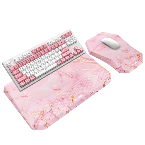 3-in-1 Ergonomic Keyboard Stand with Wrist Rest & Mouse Pad Set, Comfy Keyboard Riser Holder Soft Mousepad with Massage Design, Memory Foam and Non-Slip PU Base for Pain Relief, Pink Marble - color: Pink Marble