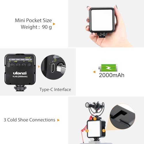 Ulanzi VL49 LED Video Light, 2000mAh Rechargeable On-Camera Fill Light, 5500K Portable Mini Photography Lighting for iPhone Vlogging, DSLR Camera, Tripod, TikTok, Selfie Video Shooting - color: Black