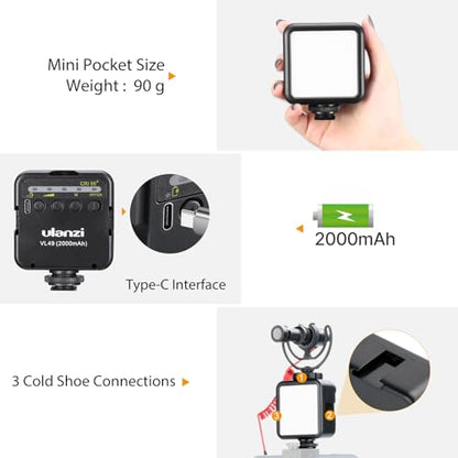 Ulanzi VL49 LED Video Light, 2000mAh Rechargeable On-Camera Fill Light, 5500K Portable Mini Photography Lighting for iPhone Vlogging, DSLR Camera, Tripod, TikTok, Selfie Video Shooting - color: Black