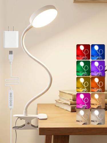 Clip on Lamp,10 RGB Colors+10 Brightness Clamp Light, 500 Lumen Bright Desk Lamp with Clamp, 72 LED Desk Light with USB Adapter, Clip on Reading Light for Bed/Headboard/Bedside Table/Bedroom/Dorm - color: White