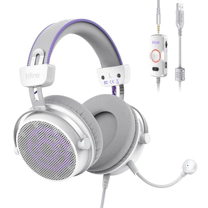 FIFINE Open Back Gaming Headset with 7.1 Surround Sound - Dual Wired USB/3.5mm Connection - USB Control Box - Detachable Mic, Over Ear Headphone for PC, PS4/5, Xbox, Switch, Mobile - H18V Lite WP - color: White and purple