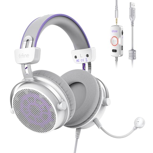 FIFINE Open Back Gaming Headset with 7.1 Surround Sound - Dual Wired USB/3.5mm Connection - USB Control Box - Detachable Mic, Over Ear Headphone for PC, PS4/5, Xbox, Switch, Mobile - H18V Lite WP - color: White and purple