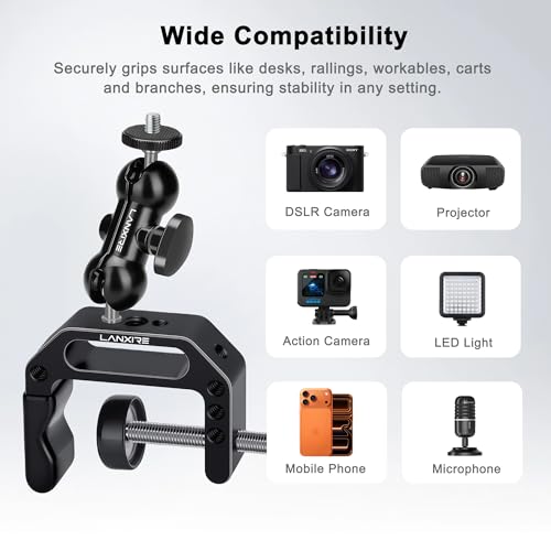 Camera Clamp Mount C Clamp with Magic Arm - Perfect for Fence, Desk, Tripod, Monitor, Light, GoPro, Insta360, DSLR - Essential Tool for Outdoor Projects, Broadcasting, Photography
