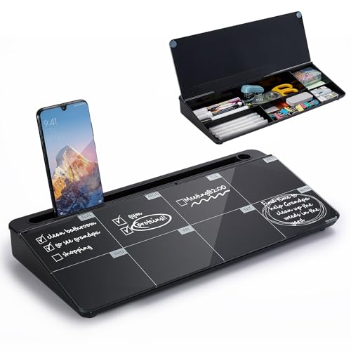 TSJ OFFICE Desktop Whiteboard Dry-Erase-Board - Computer Keyboard Stand White Board Surface Pad with Drawer, Desk Organizers with Accessories for Office, Home, School Supplies - color: Black Base/Glass-weekly Calendar