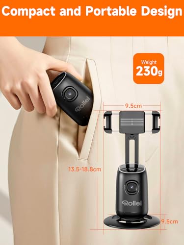 Rollei Auto Face Tracking Tripod, Desktop Smartphone Gimbal Stabilizer Phone Holder with AI Track for iPhone/Android Stand for Filming Streaming Tiktok Video Vlog | Mobile Stand with Motion Sensor for Tiktok Live Streaming Video Vlog Recording, Tripod Pho