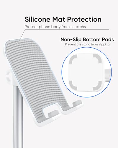 Cell Phone Stand, Adjustable Height Phone Stand for Desk, Eye Level Desktop Phone Holder Compatible with iPhone, Pro Max, Samsung, and All Mobile Phones up to 10'' - color: White