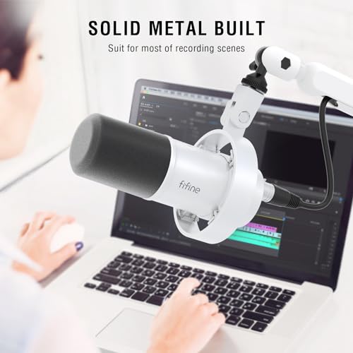 FIFINE Studio XLR Mic and Boom Arm Bundle, Dynamic Microphone with Mute Button, Gain Knob, Shock Mount for Recording, Low Profile Mic Stand with Cable Management for Podcast Gaming (K688W+BM88W)