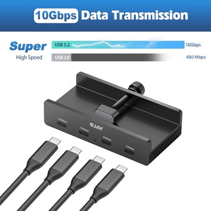 EJAY USB C Hub Clamp Mount, 4-Port 10Gbps USB 3.2 Hub Gen 2, Aluminum Clamp On USB Hub for Monitor & Desk, Dual Cable USB C Splitter Data Hub for Mac, PC, Desktop, Black