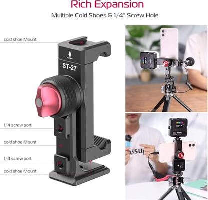 ULANZI ST-27 Metal Phone Tripod Mount, 360° Phone Holder for Tripod w 3 Cold Shoes & Arca Port, Versatile Smartphone Adapter for iPhone 17 16 15, Desktop Tripods, and Live Streaming/Vlogging Setup