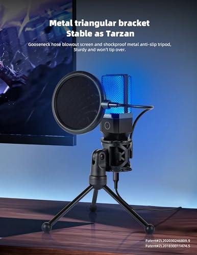 USB Microphone for PC, Gaming, Streaming, Podcasting, Recording, Dynamic Condenser Mic with RGB Light, One-Touch Mute, Gooseneck Tripod, USB-C/USB-A, Vocal Mic for Singing YouTube