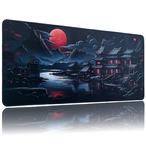 Anime Mouse Pad for Gaming/Office, Large Desk Mat 31.5×11.8 Inch | Non-Slip Rubber Base, Stitched Edges, Desk Mat, For Gaming & Office - color: Red Moon, size: 31.5L x 11.8W inches