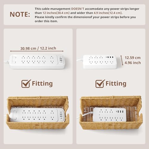 Cable Management Box, Handwoven Synthetic Rattan Cable Organizer, 2 Side Open Slots Cords Hider Box, Under Desk Cord Organizer for USB Wire, TV PC Charger & Power Strip, Natural
