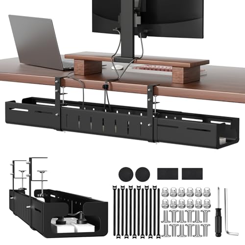 Under Desk Cable Management Tray, Expandable 25.2"–38.6", No Drill Clamp Mount, Cord Management Heavy Duty Carbon Steel Standing Cord Organizer for Home, Office, Gaming, Desk, Black