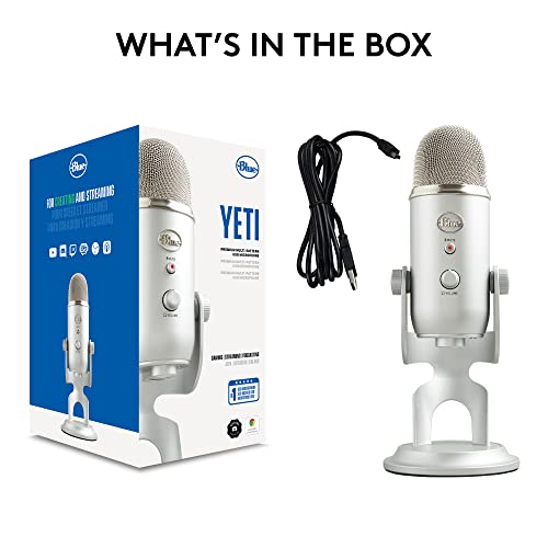 Logitech Creators Blue Yeti USB Microphone for PC, Mac, Gaming, Recording, Streaming, Podcasting, Studio and Computer Condenser Mic with Blue VO!CE Effects, 4 Pickup Patterns, Plug and Play - Silver | Tri-Capsule Condenser USB Mic, 4 Pickup Patterns, Bidi
