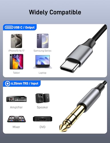 USB C to 1/4 Inch TRS Stere Audio Cable 3.3FT, USB C to 1/4 inch TRS Male Cable Audio Jack Cord for Phones, Amplifier, Speaker, Headphone, Mixing Console (No Recording Support) - size: 3.3FT