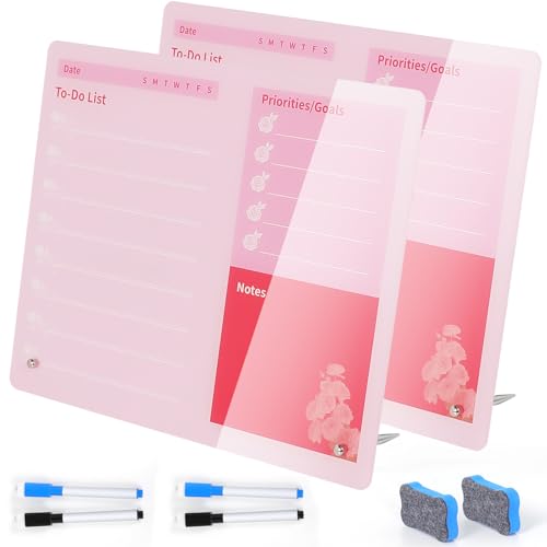 LeMotech Desktop Acrylic Dry Erase Board, 12x10 inches to-Do List Planner, Tabletop Whiteboard with Stand Office Supplies Includes 2 Markers & 1 Eraser,Pink Rose Pattern, 2 Pack - color: Pink, size: 12"W x 10"H (2 Pack)