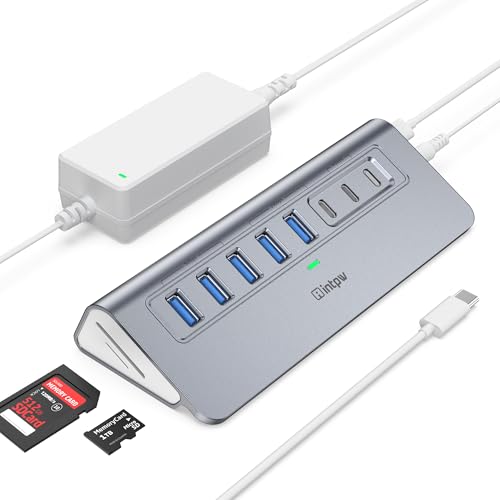 Powered USB Hub 10Gbps, Intpw YH6AC Plus 10 Port USB 3.2 Hub(USB A/USB C 3.2+3 USB-A 3.0+2 PD 45W Fast Charging Port+SD/TF Card Reader), 65W Power Adapter,Aluminum USB HUB for PC,Laptop,iPhone 17/16 - color: Gray, size: 6 Data+2 PD Charging Ports +SD&TF