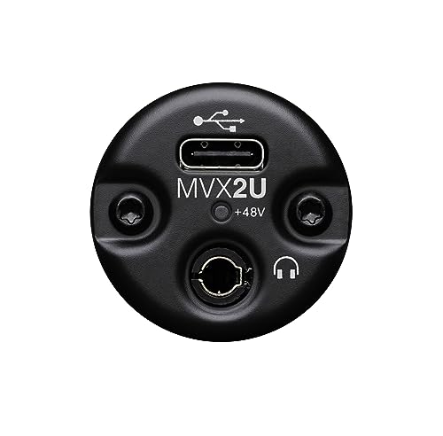 Shure MVX2U XLR-to-USB Digital Audio Interface, Headphone Jack, 60dB Gain, Zero-Latency Monitoring, 48V Phantom Power, ShurePlus App, USB-C Cable