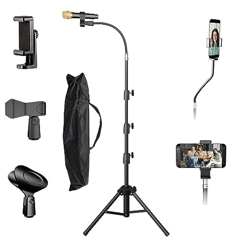 KEREAL Microphone Stand For singing For Most Mic, Gooseneck Mic Stand Adjustable Height From 21” to 75”, Portable Mic Floor Stand with Phone holder,Two Mic Clips for Studio, Stage, Karaoke, DJ, Kids - size: 75"