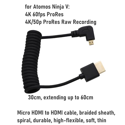 Micro-HDMI to HDMI 4K60 8K Flexible Cable for ATOMOS Ninja V Ultra, Sony ZV-E10 A7C A7R4 A6700, Canon R6II R5C R10, Lumix S5 S9 G100, Fujifilm X-T50, Black Braided Coiled 30cm - color: Black, size: Right Angle to Straight