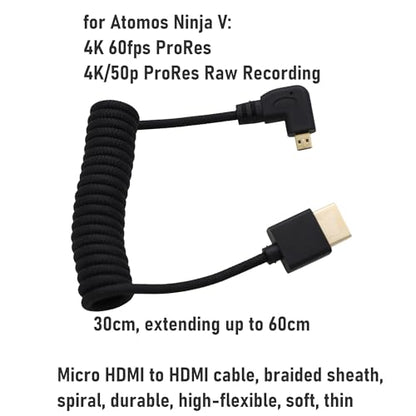 Micro-HDMI to HDMI 4K60 8K Flexible Cable for ATOMOS Ninja V Ultra, Sony ZV-E10 A7C A7R4 A6700, Canon R6II R5C R10, Lumix S5 S9 G100, Fujifilm X-T50, Black Braided Coiled 30cm - color: Black, size: Right Angle to Straight