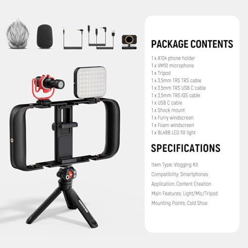 NEEWER Basics Vlogging Kit with Phone Cage Rig Microphone LED Fill Light Tripod Compatible with iPhone, Youtuber Starter Content Creator Essential for YouTube TikTok Streaming Video Recording, PA055 - style: PA055