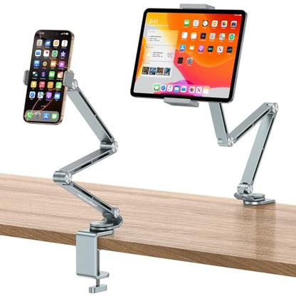 OMOTON Tablet Stand for iPad with 360° Rotation, GH03 Aluminum Alloy Long Arm Phone Mount with 2 Plastic Clamps (Phone & Tablet), Adjustable Holder for 4-13" iPad Pro/iPhone, Grey - color: Grey