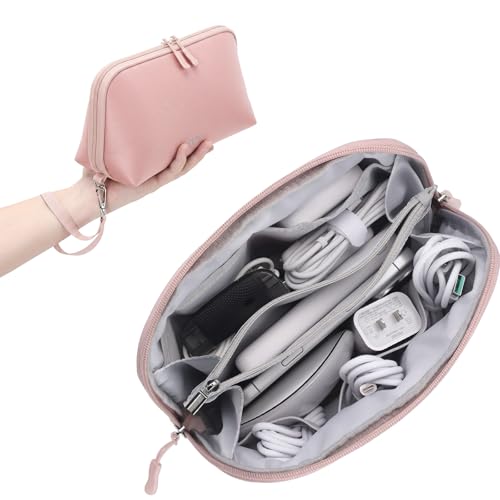 FYY Travel Cable Organizer - 8 Compartments, Lightweight, Water Repellent | With Wrist Strap, Portable Tech Pouch for Cord Charger, Travel and Business Trips Use, Soft Shell Nylon, Pink (Large) - color: Pink, size: (L) 9.6"× 5.5"× 3.7"