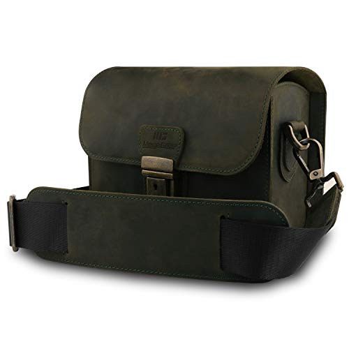 MegaGear Pebble Genuine Leather Camera Messenger Bag for Mirrorless, Instant and DSLR Cameras - color: Olive