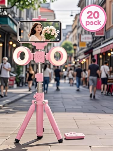 Selfie Stick Tripod with Light and Bluetooth Remote, 67" Extendable Mini Tripod Stand for iPhone Samsung Android, 6 in 1 Wireless Selfie Stick for TikTok YouTube Live Streaming(Pink) - color: Pink