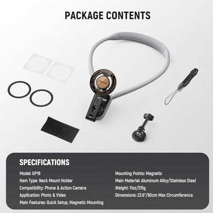 NEEWER Magnetic Neck Holder for Action Camera Phone Hands Free Neck Tripod Chest Mount Compatible with GoPro DJI Insta360 iPhone Android Phone Holder for POV Vlog, Gray, GP16 - style: GP-16(Gray)