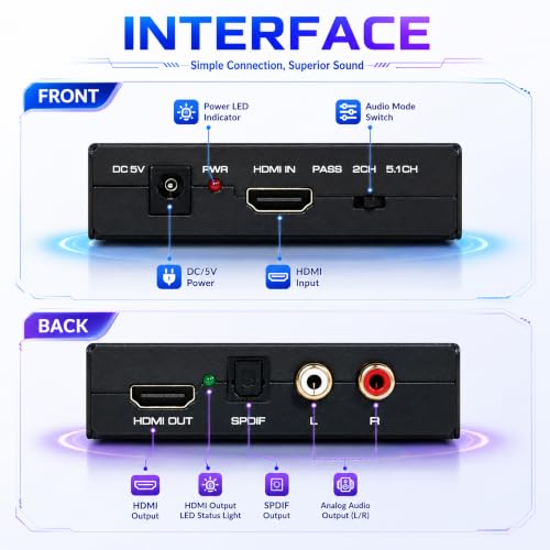 J-Tech Digital Premium Quality 4k HDMI to HDMI + Audio (SPDIF + RCA Stereo) Audio Extractor Converter (JTDAT5CH) - size: 4K 30 Hz