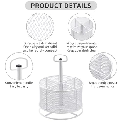 Marbrasse Mesh Desk Organizer, 360-Degree Rotating Multi-Functional Pen Holder, 4 Compartments Desktop Stationary Organizer, Home Office Art Supply Storage Box Caddy (White) - color: White