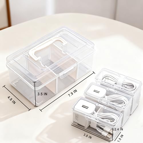 RayHenry Cable Organizer Box with Lid & Handle, Desktop Cord Management Storage with 3 Clear Switch Cases for Chargers, Cables, Jewelry, Hair Ties