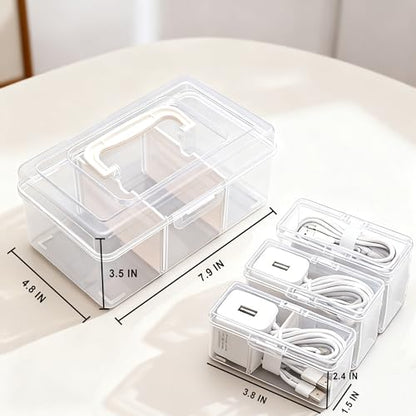 RayHenry Cable Organizer Box with Lid & Handle, Desktop Cord Management Storage with 3 Clear Switch Cases for Chargers, Cables, Jewelry, Hair Ties