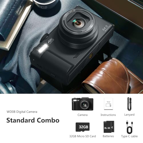 4K Digital Camera for Photography, 64MP Vlogging Camera for YouTube with 3" 180° Flip Screen, 18X Digital Zoom Point and Shoot Camara with 32GB Micro SD Card for Beginner (Black) - color: YL15-W08-C-Black