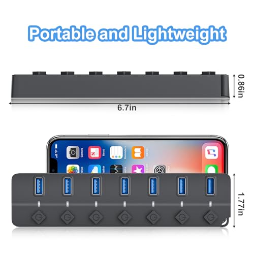 ONFINIO USB Hub 3.0, 7-Port USB Hub Splitter with Individual On/Off Switches and Lights, 3.2ft/1m Long Cable Compatible with MacBook, Laptop, Surface Pro, PS4, PC, Flash Drive, Mobile HDD-Gray - color: Gray