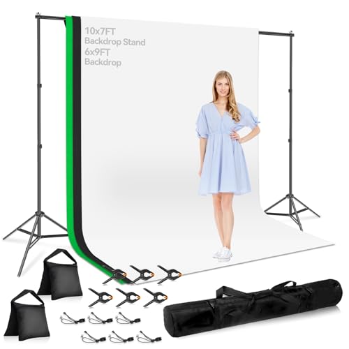 7x10 FT Photography Background Support System, Adjustable Photo Video Studio Backdop Stand Kit with 3 Polyster Background (Black, White, Green), Spring Clamps, Sandbags and Carry Bag - color: Green, Black, White