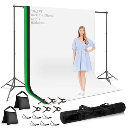 7x10 FT Photography Background Support System, Adjustable Photo Video Studio Backdop Stand Kit with 3 Polyster Background (Black, White, Green), Spring Clamps, Sandbags and Carry Bag - color: Green, Black, White