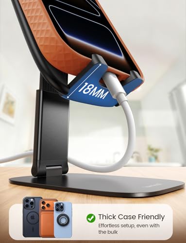 Lamicall Ultra-Thin Foldable Cell Phone Stand for Desk | 0.59" Slim Fold, Height & Angle Adjustable, Sturdy Metal Base, Thick Case Friendly for iPhone 17/16/15/14 Pro Max, Galaxy S26 - color: A-Black