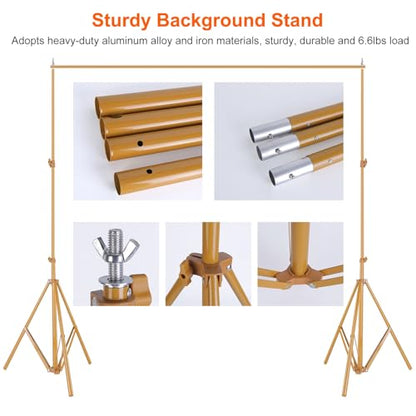 6.5 x 10ft Adjustable Backdrop Stand Kit,Heavy-Duty Photography Background Support System with Clamps & Carry Bag,Photo Video Studio Backdrop Stand for Parties,Weddings,Green Screen & Banner Display - color: Gold