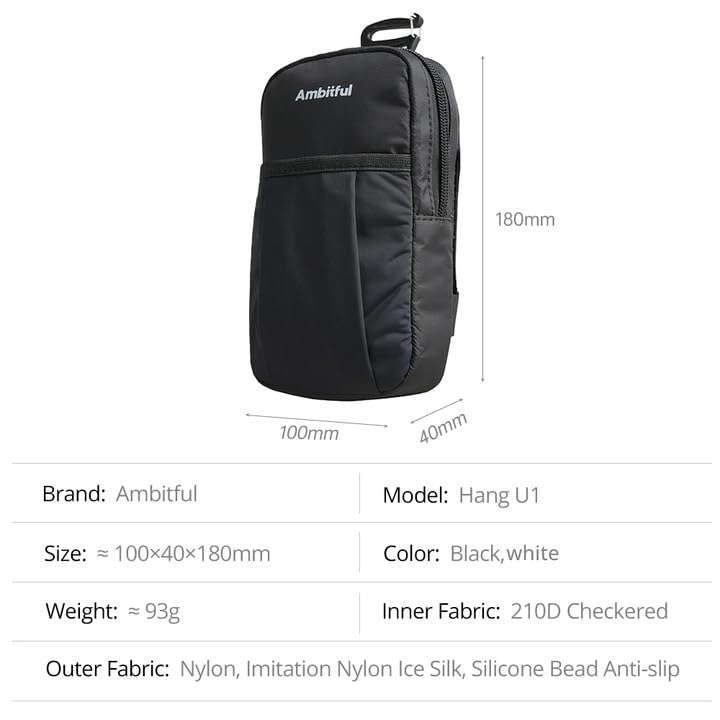 AMBITFUL Compact Sports Camera Bag, Shoulder Strap Storage Case, 3.94 x 1.57 x 7.09 inches, Compatible with Phones, Compact Cameras, Power Banks, Headphones, Black (Hang U1) (Black) - color: Black