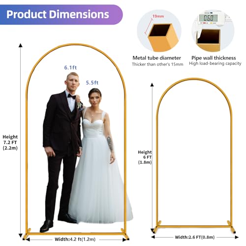 Hemmotop Gold Metal Arch Backdrop Stand Set of 2, 7.2ft and 6ft | Pieces are Labeled for Easy Assembly, Ground Stakes for Stable Base, Versatile for Wedding, Bridal Shower, Party Decoration - size: 7.2ft, 6ft