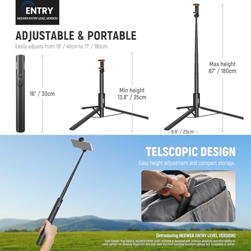 NEEWER Entry Level Version 16-71" Selfie Stick Tripod Compatible with iPhone Android, Portable Cell Phone Travel Stand Camera Holder with Remote for TikTok Video Recording Streaming Filming, PA988