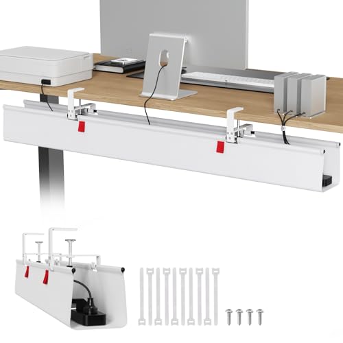 Univivi No Drill Under Desk Cable Management Tray, 48" Cord Organizer for Table, Clamp/Screw Mount Desk Cable Management, Premium Fabric Cable Management Tray for Office, Home (Extra Large) - color: White, size: 48"L x 5.5"W
