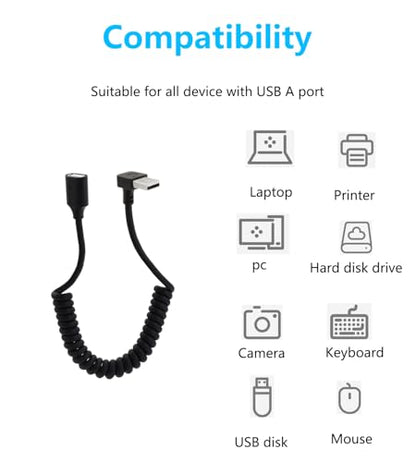 90 Degree USB 2.0 Male to Female Coiled Cable USB Spring Cable USB 2.0 Extension Cable Retractable USB Data Transmission Cord for PC,Laptop, Cameras, Mouse,Other USB Computers(Up Angle) - style: Up Angle