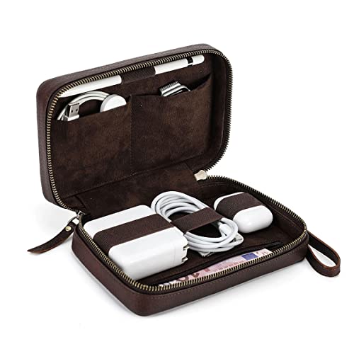 CONTACTS Full Grain Leather Electronic Organizer Travel Tech Case Electronics Accessories Storage Box Portable Holder for for Charger, Cables, Power Bank, Mouse