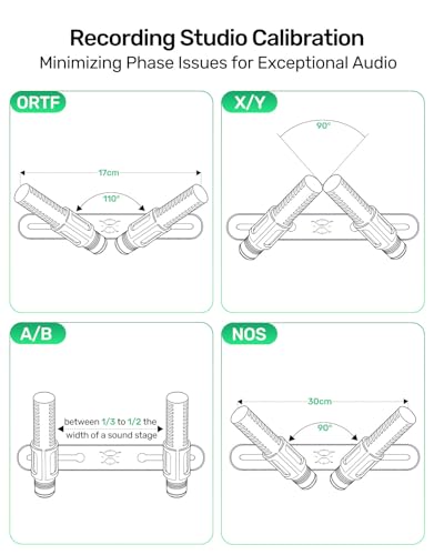 Stereo Array Spacing Microphone Bar Holder, Dual Mic Stand, Heavy-Duty Aluminum with Ruled Markings, Holds 2 Mics - X-Y and ORTF Mic T-Bar Bracket, Fits 3/8" 1/4" and 5/8" Mic Stands