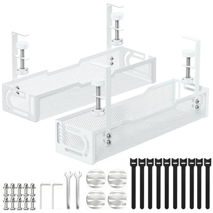 2Pack Under Desk Cable Management Tray, No Drill Mesh Desk Cable Tray, Wire Management Tray Cable Management Rack, Wire Organizer and Cable Management Box (White) - color: 2Pack-White (15.3''+15.7'')